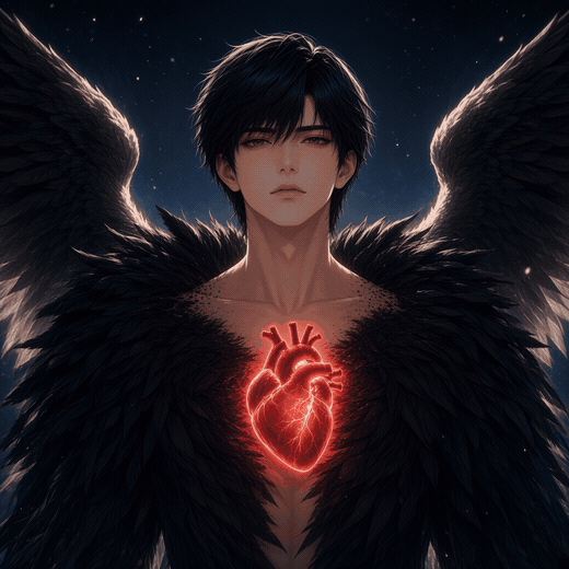 A black-winged figure with a glowing heart.