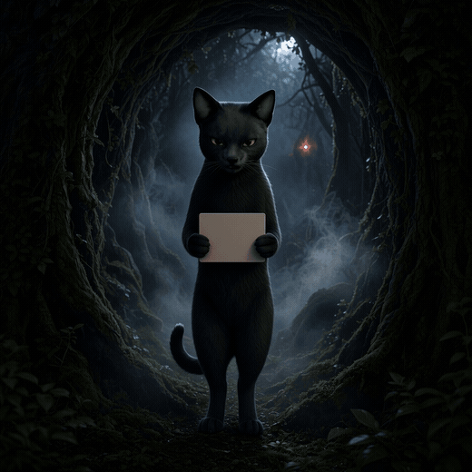 A black cat standing in a dark forest arch, holding a blank card.