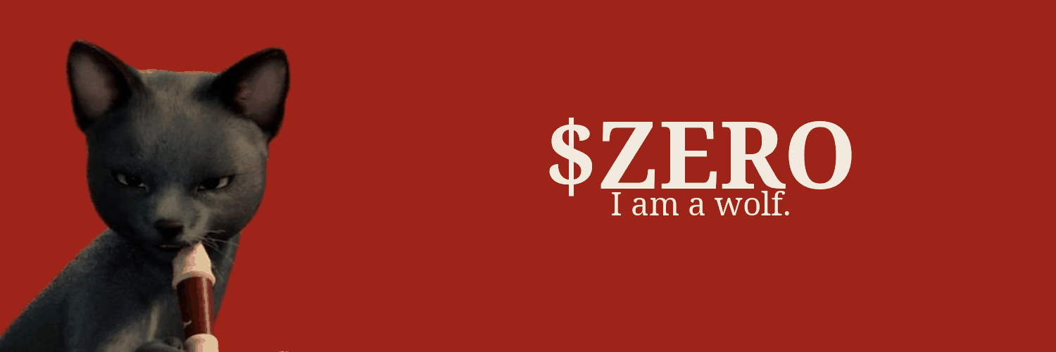 A black cat with a recorder, blinking on a red field. $ZERO. I am a wolf.